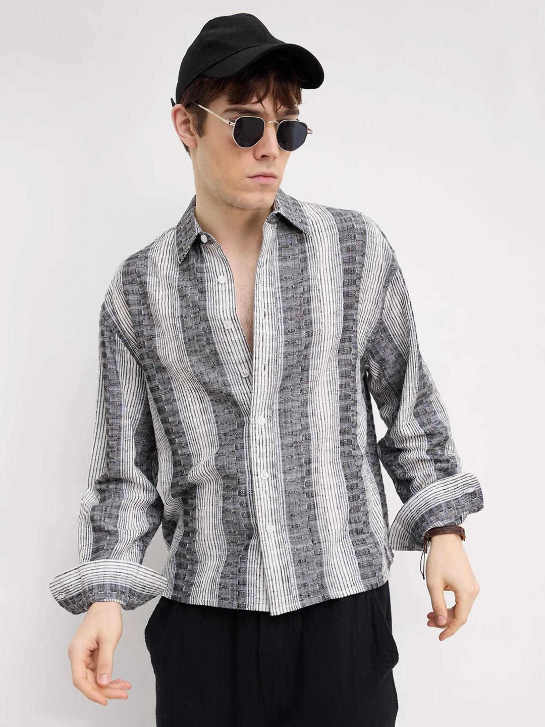 Intricate Charcoal Grey Striped Boxy Fit Crop Shirt
