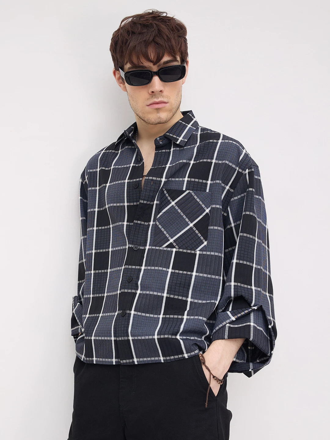 Refined Monochrome Plaid Textured Cuffless Oversized Crop Shirt