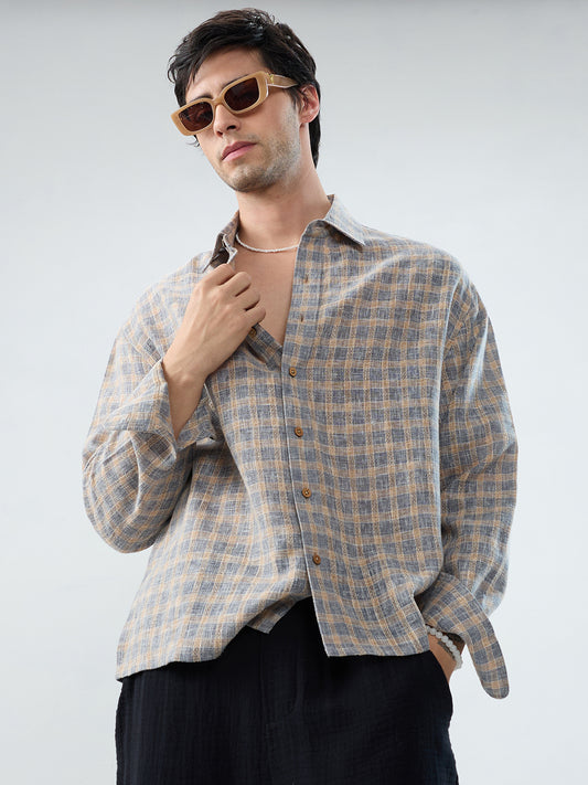 Fossil Grey Window Checks Linen Blend Boxy Fit Crop Shirt
