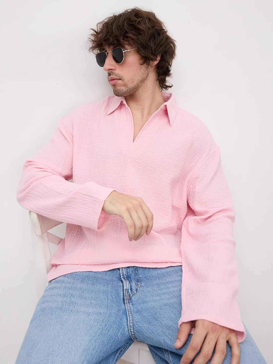 Sakura Pink Double Cloth Center Seam Oversized Polo Shirt