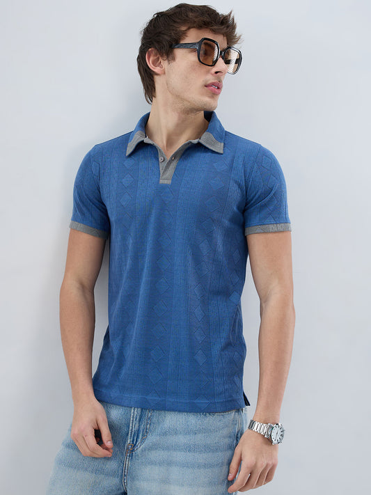 Denim Blue Constrast Polo Neck Knit T-shirt
