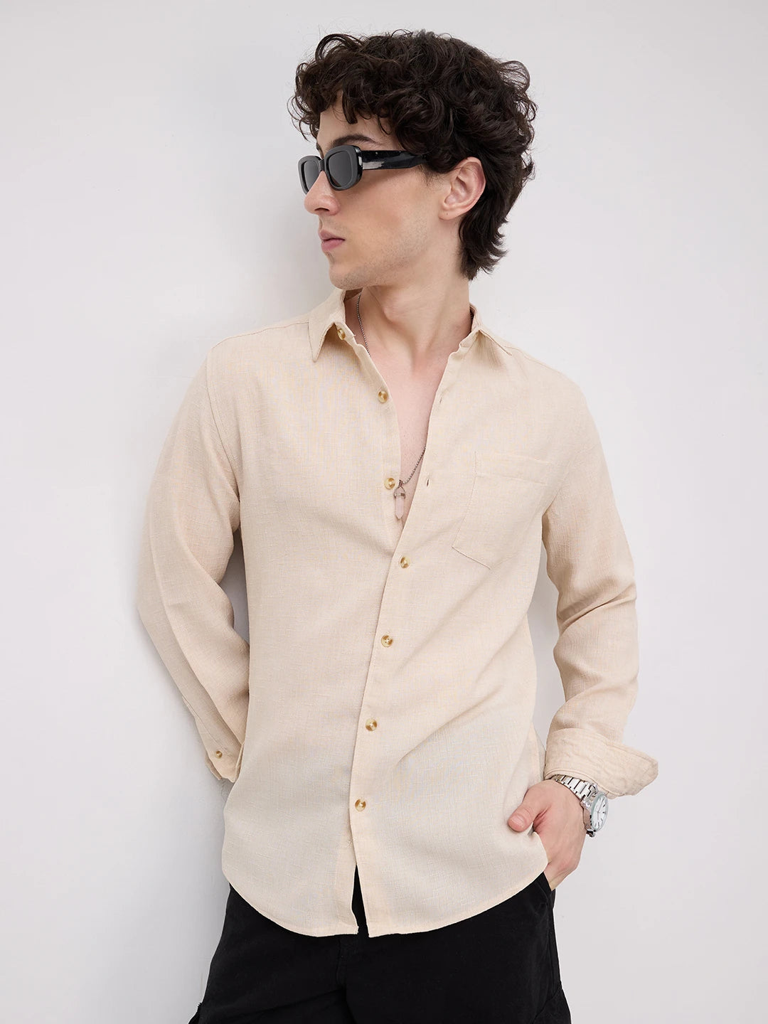 Elegant Cream Slub Textured Shirt