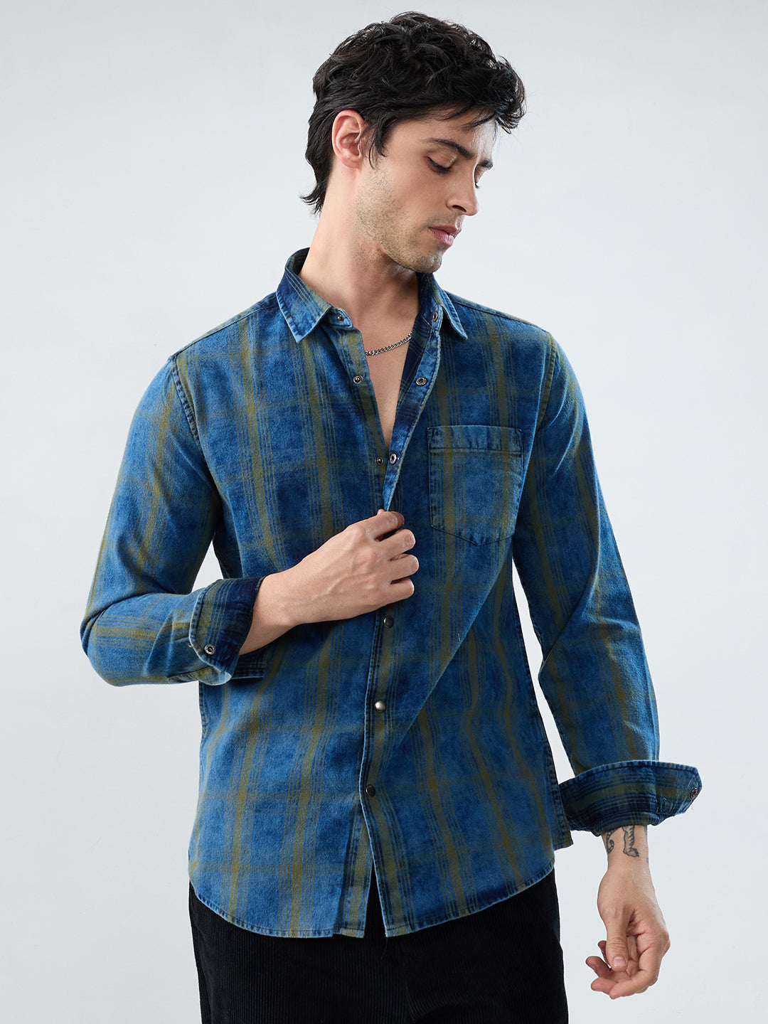 Versatile Navy & Green Denim Plaid Checks Shirt