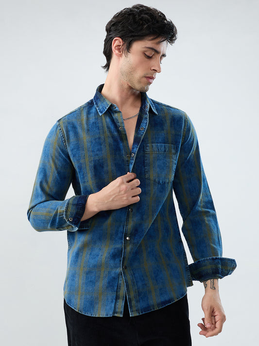 Versatile Navy & Green Denim Plaid Checks Shirt