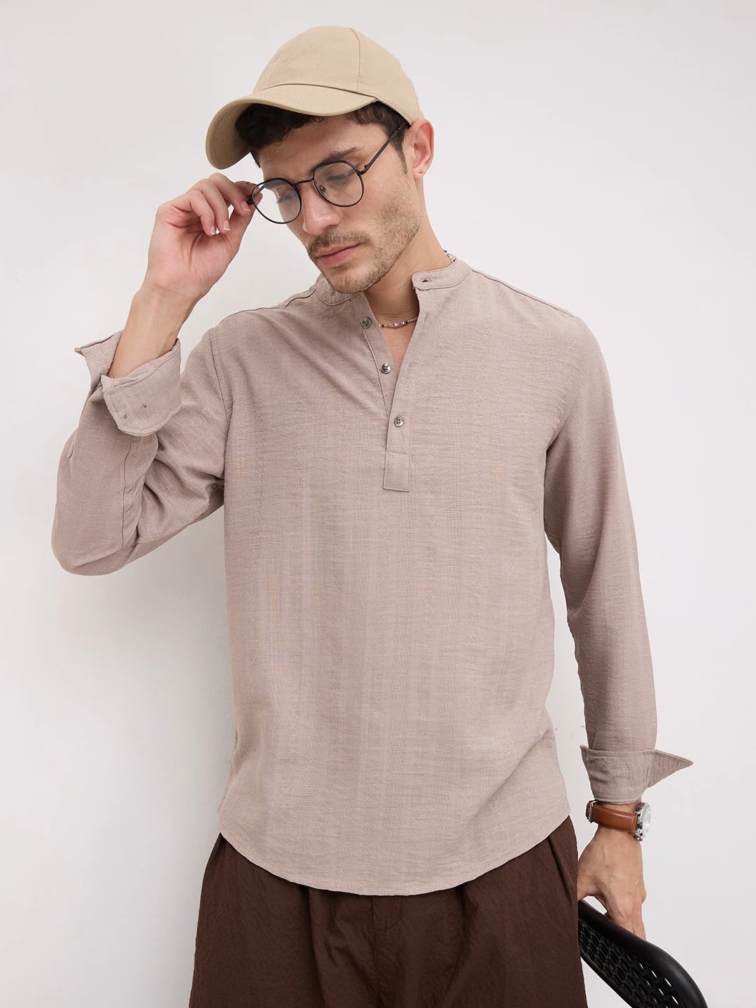 Taupe Lozenge Weave Striped Kurta