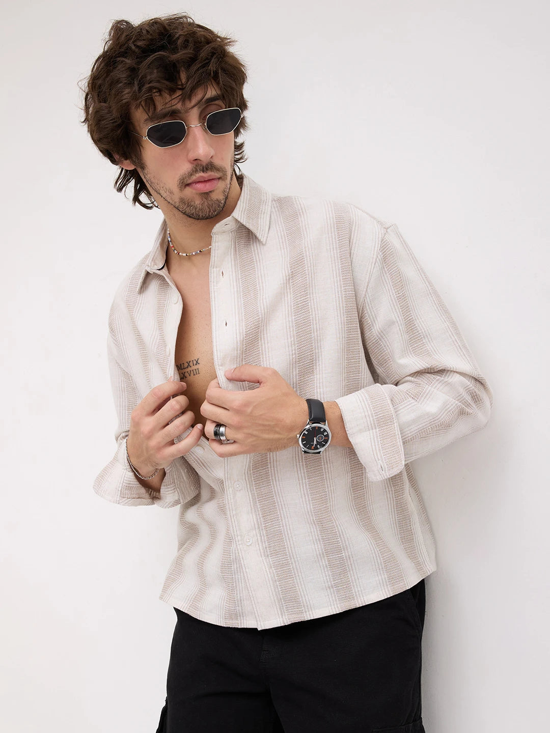 Premium Natural Beige Finegrain Striped Boxy Fit Crop Shirt