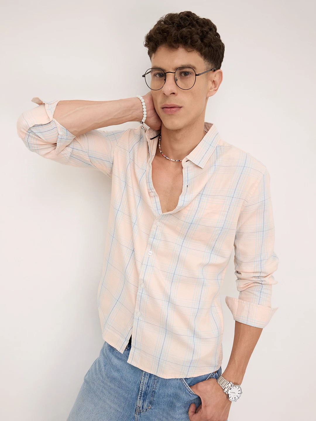Peach Mist Skyline Checks Shirt