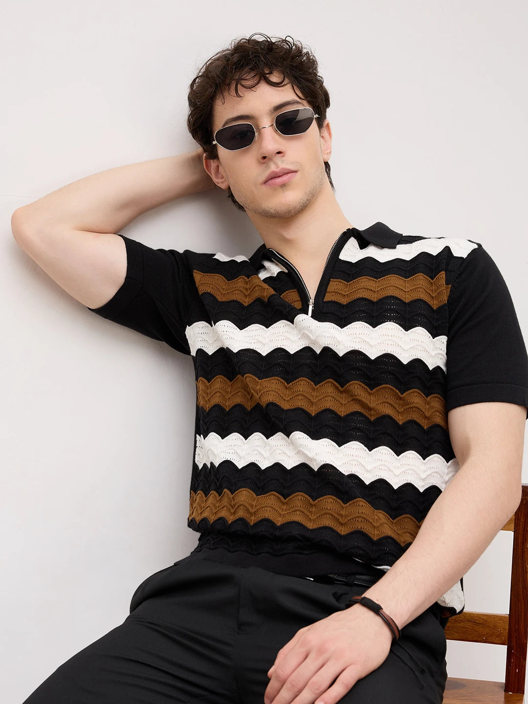 Brown & White Scallop Zip Weave Flat Knit Polo T-Shirt