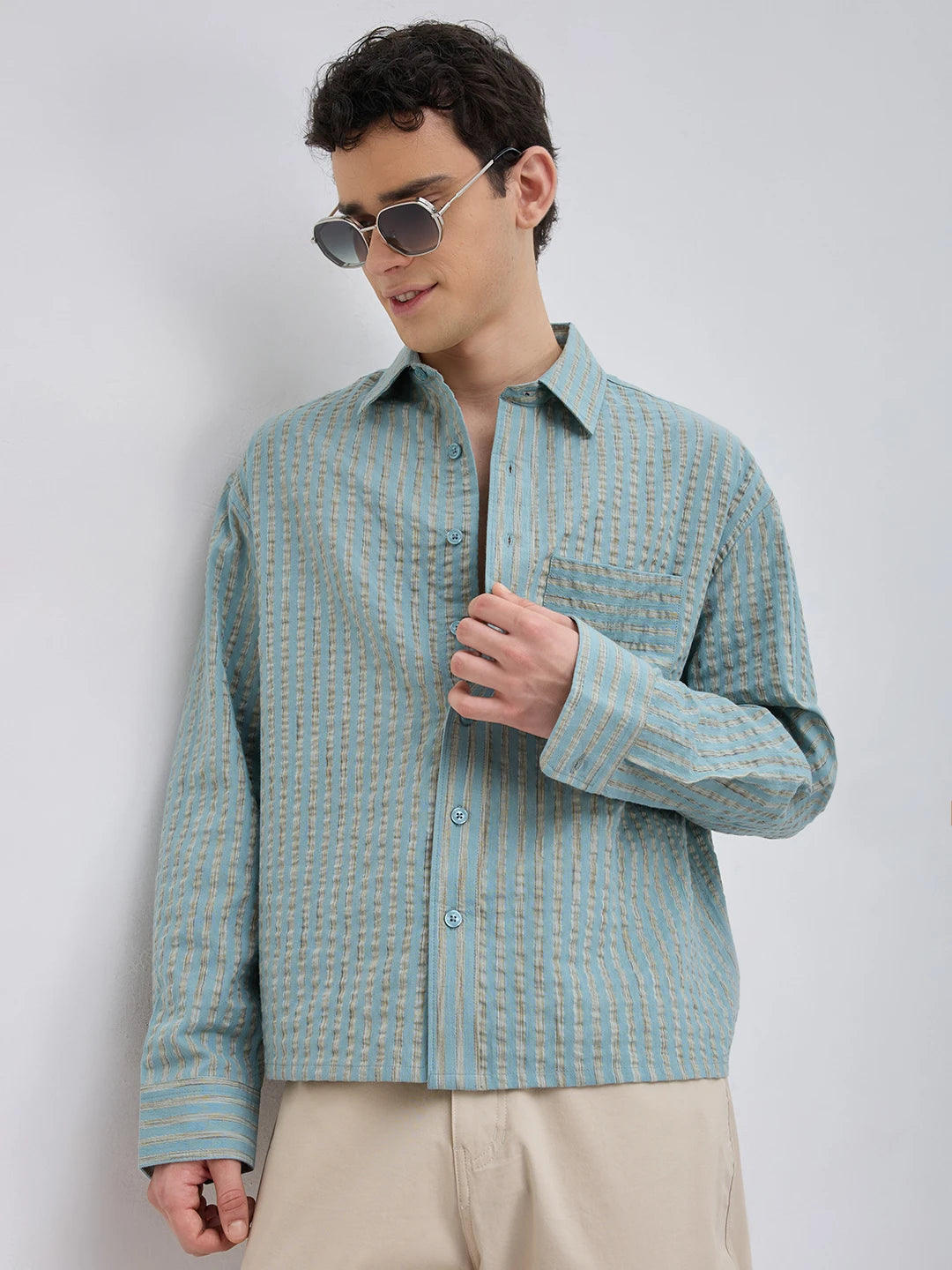 Sea Green Seersucker Candy Striped Boxy Fit Crop Shirt