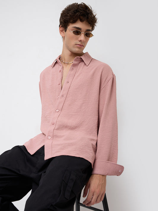 Trendy Spanish Pink Lightweight Crinkled Boxy Fit Crop Shirt