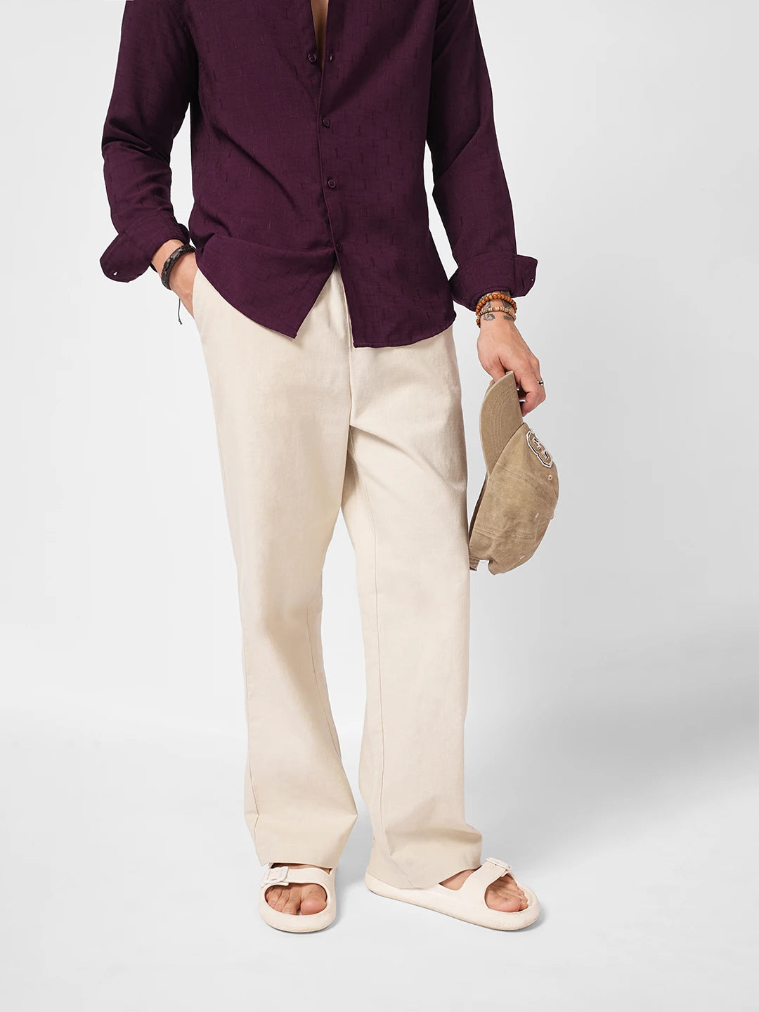 Creamy Beige Slub Weave Straight Fit Trousers