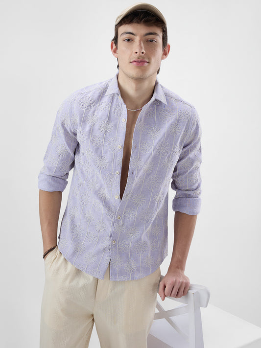 Soft Lilac Floral Embroidered Slub Shirt
