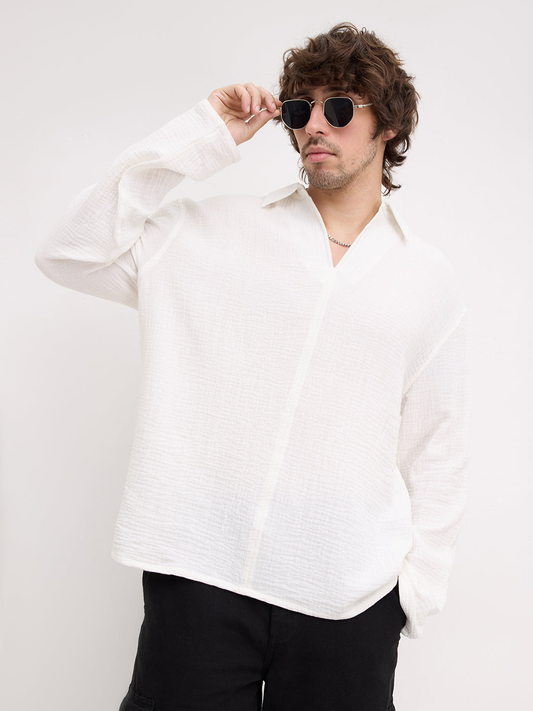 Snow White Double Cloth Center Seam Oversized Polo Shirt