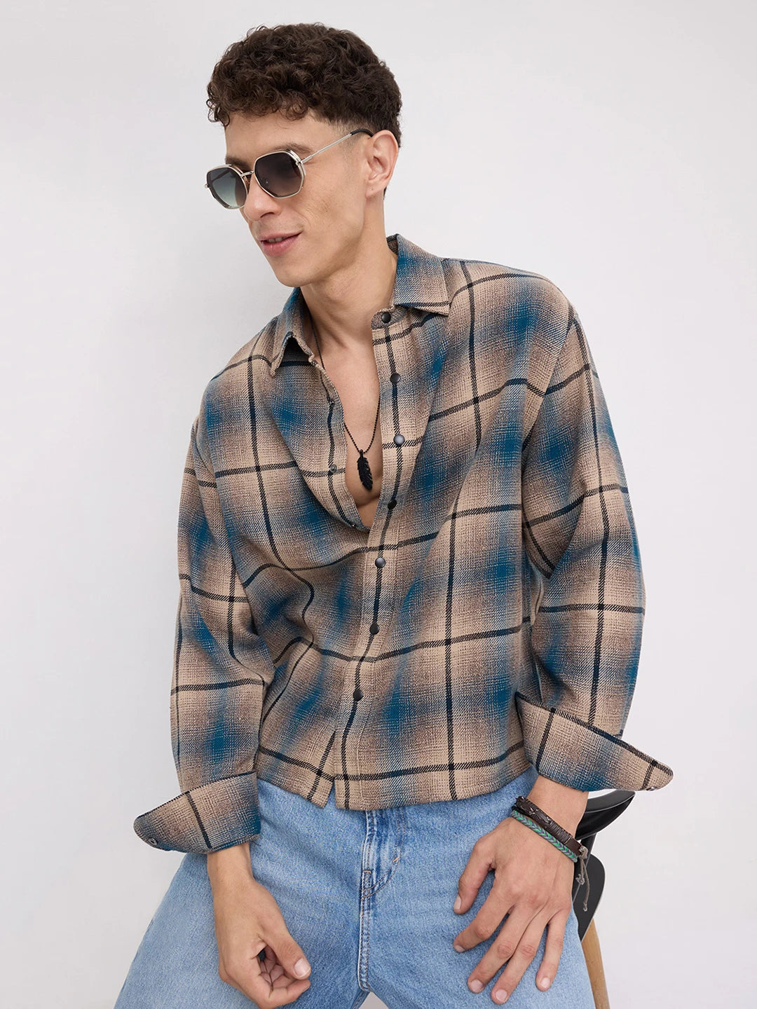 Teal & Khaki Plaid Checks Flannel Boxy Fit Crop Shirt