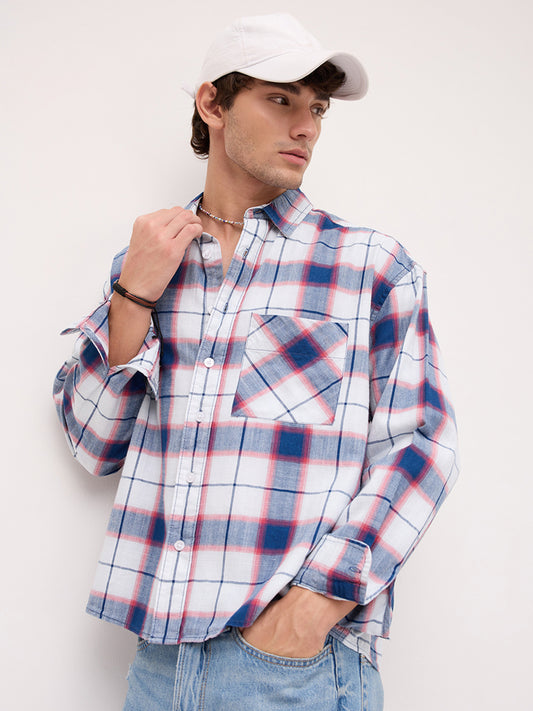 Denim Multi Tone Herringbone Checks Boxy Fit Crop Shirt