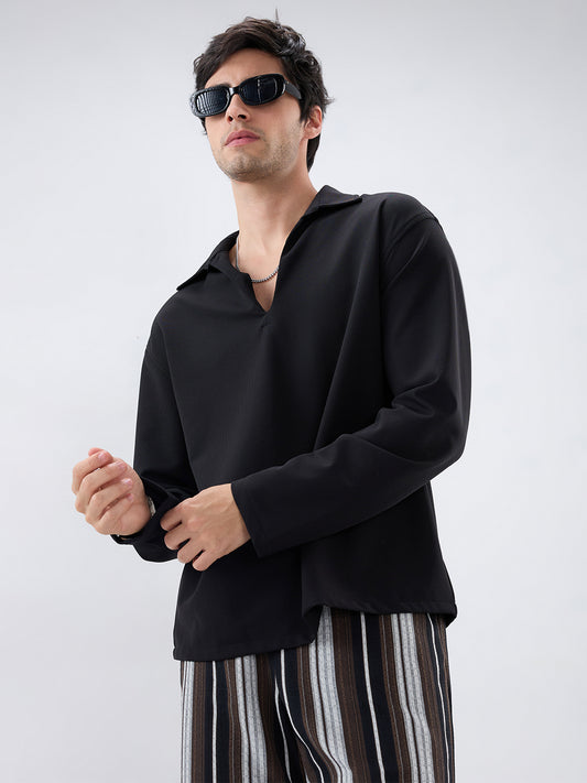 Timeless Black Oversized Polo Tencel Knit Shirt