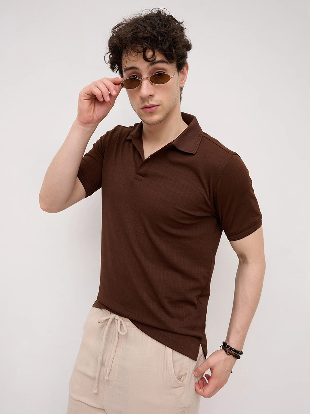 Brunette Brown Checks Weave Polo Tee