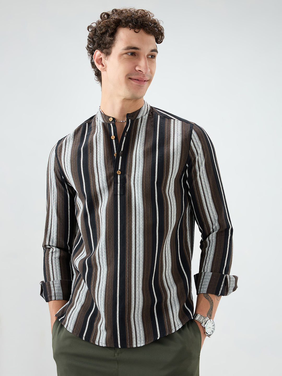 Black Graphic Weave Contrast Stripe Kurta