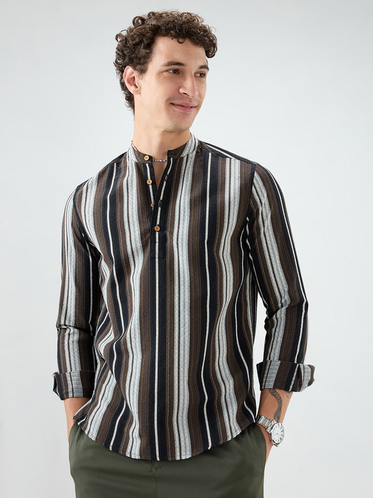 Black Graphic Weave Contrast Stripe Kurta