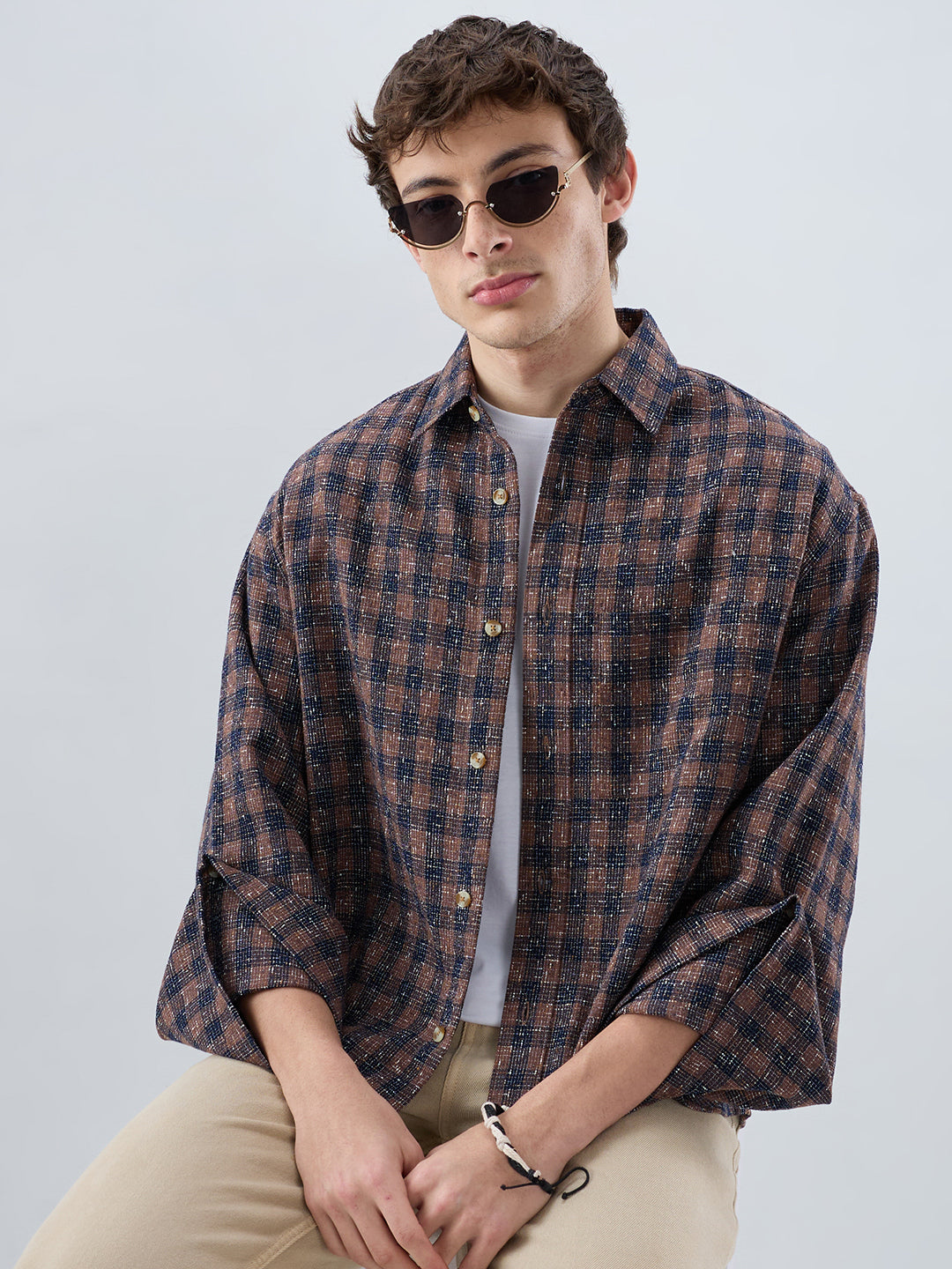 Raunak Edit Glossy Navy & Brown Checked Oversized Crop Shirt