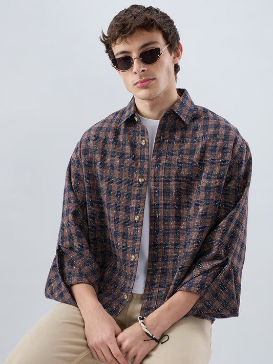 Raunak Edit Glossy Navy & Brown Checked Oversized Crop Shirt