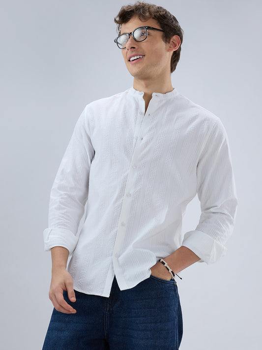 Snow White Seersucker Striped Mandarin Shirt