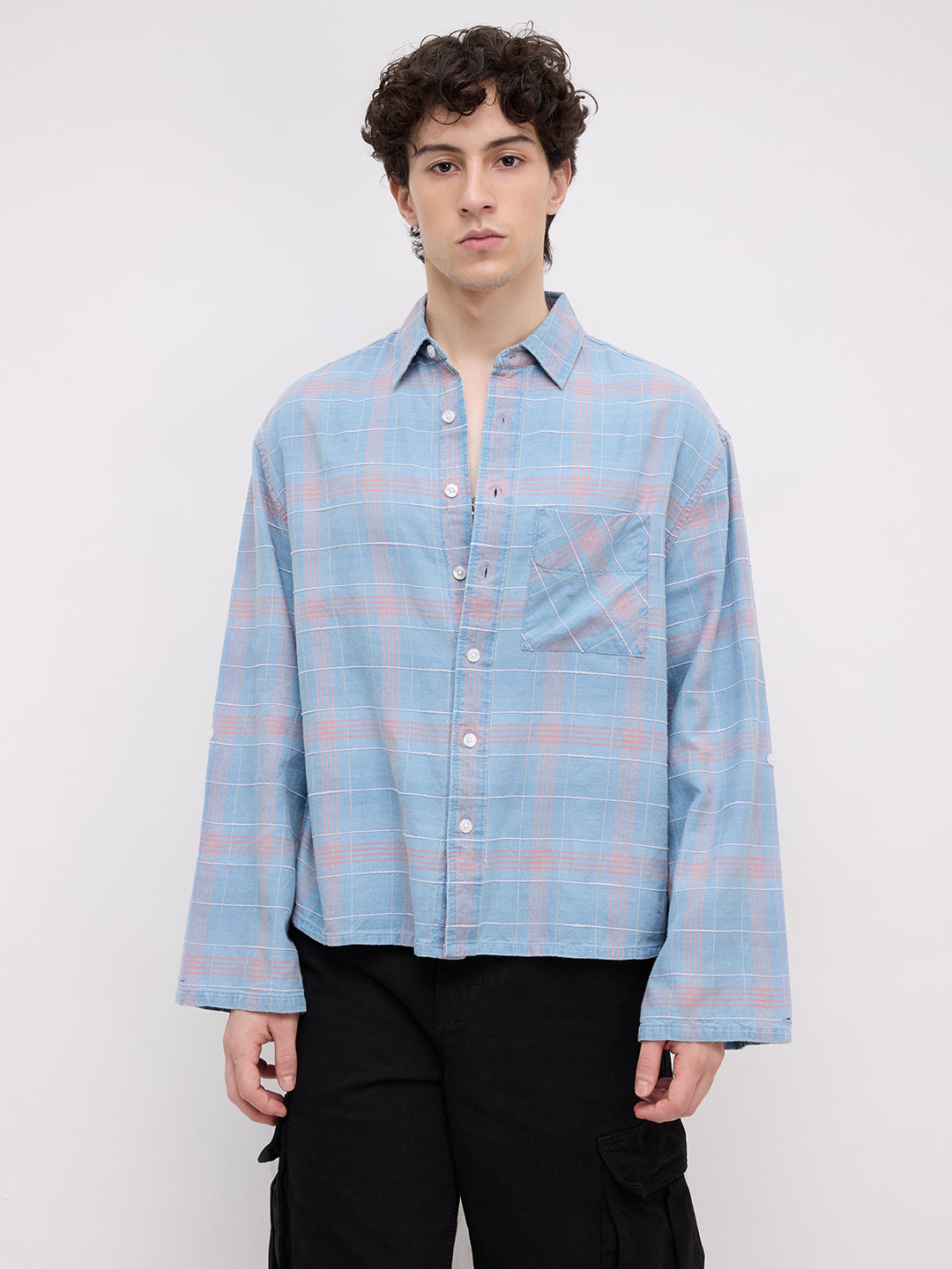 Denim Contrast Square Checks Cuffless Oversized Crop Shirt