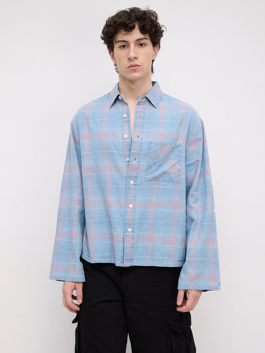 Denim Contrast Square Checks Cuffless Oversized Crop Shirt