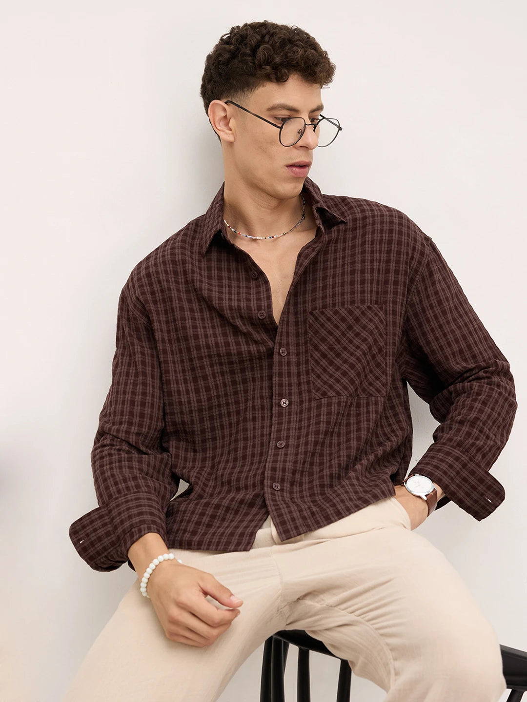 Warm Espresso Windowpane Checks Boxy Fit Crop Shirt