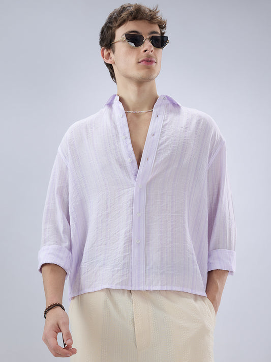 Elegant Lavender Airstripe Crinkled Boxy Fit Crop Shirt