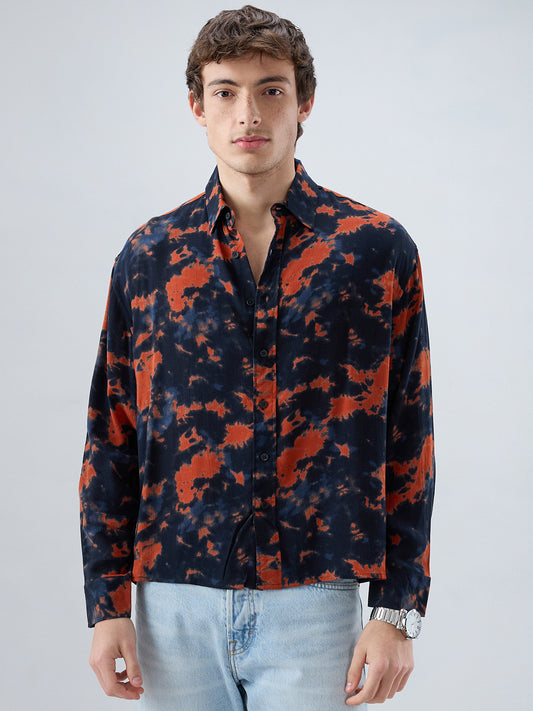 Burnt Orange Tie-Dye Printed Boxy Fit Crop Shirt