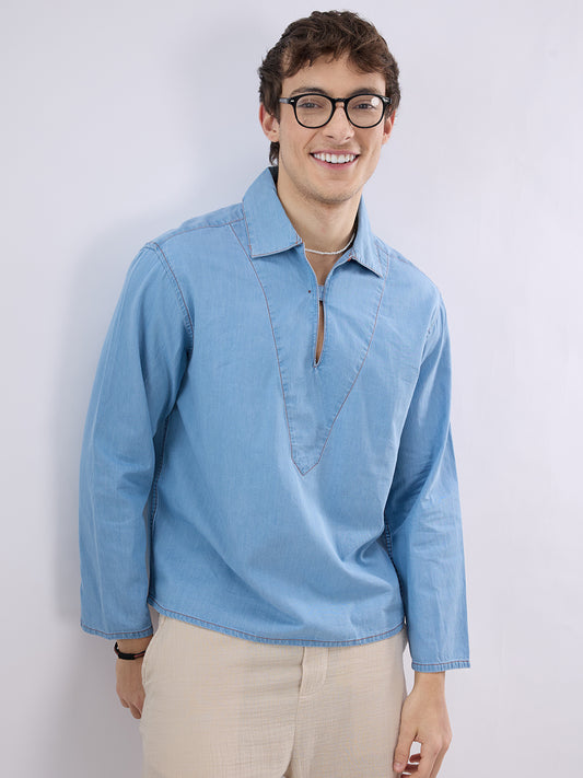 Blue Breeze Soft-Denim Cuffless Oversized Shirt