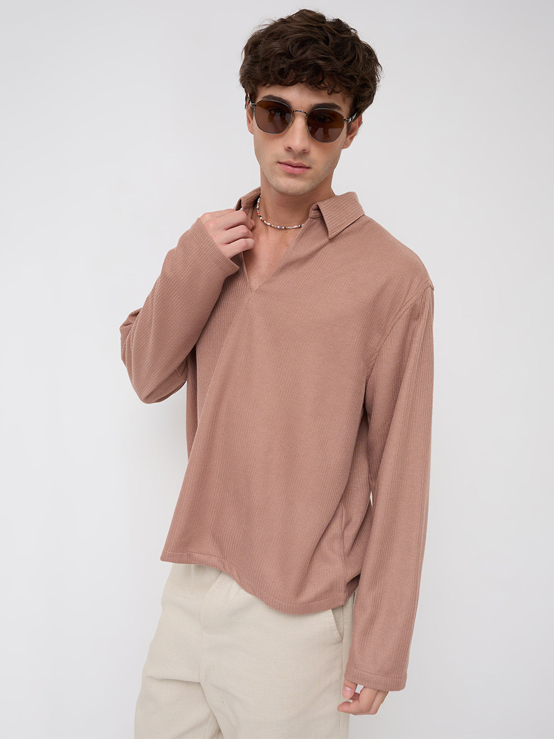 Soft Brown Micro Weave Knitted Oversized Polo Shirt