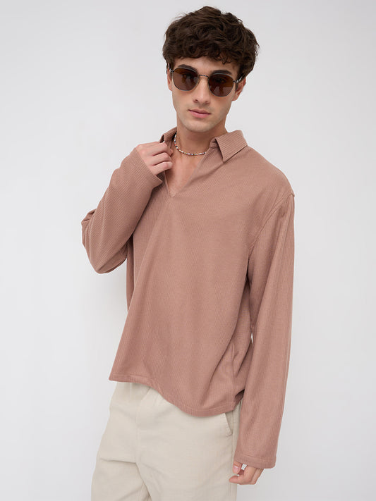 Soft Brown Micro Weave Knitted Oversized Polo Shirt