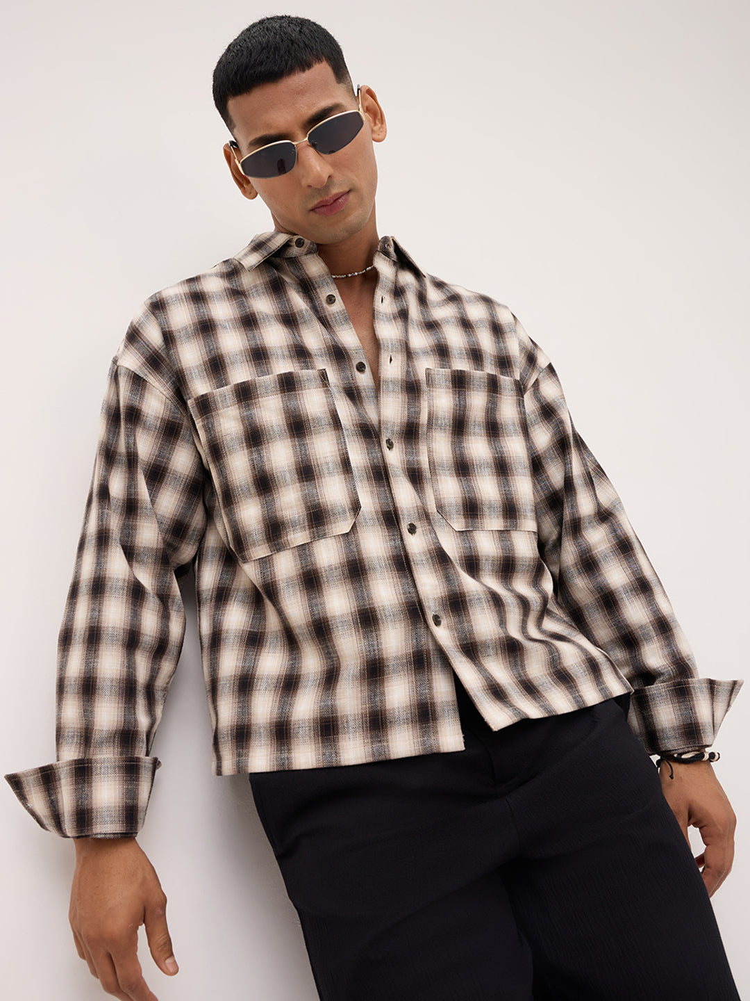 Beige & Black Tartan checks Double pocket Boxy Fit Crop Shirt