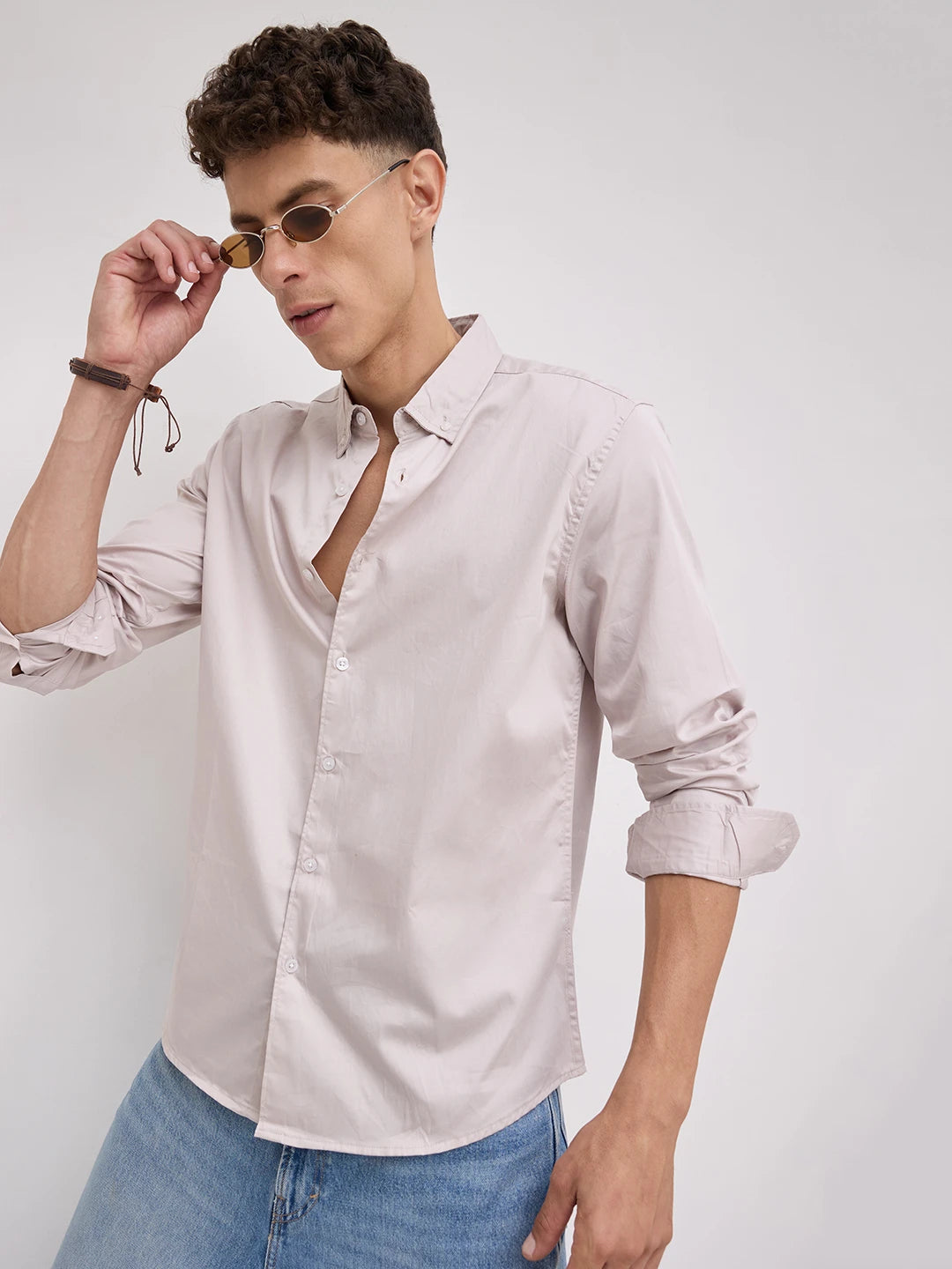 Grey Neutral Edit Satin Button Down Collar Shirt