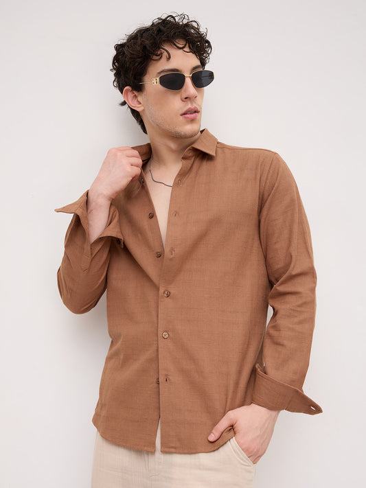Russet Brown Crossgrain Micro Textured Shirt