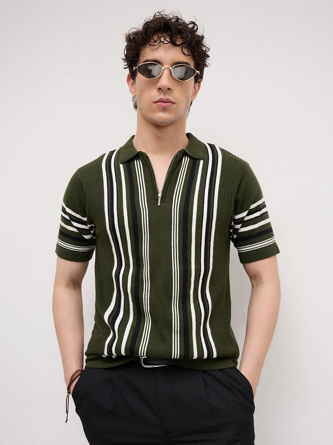 Deep Olive Vertical Striped Flat Knit Zip Polo T-Shirt