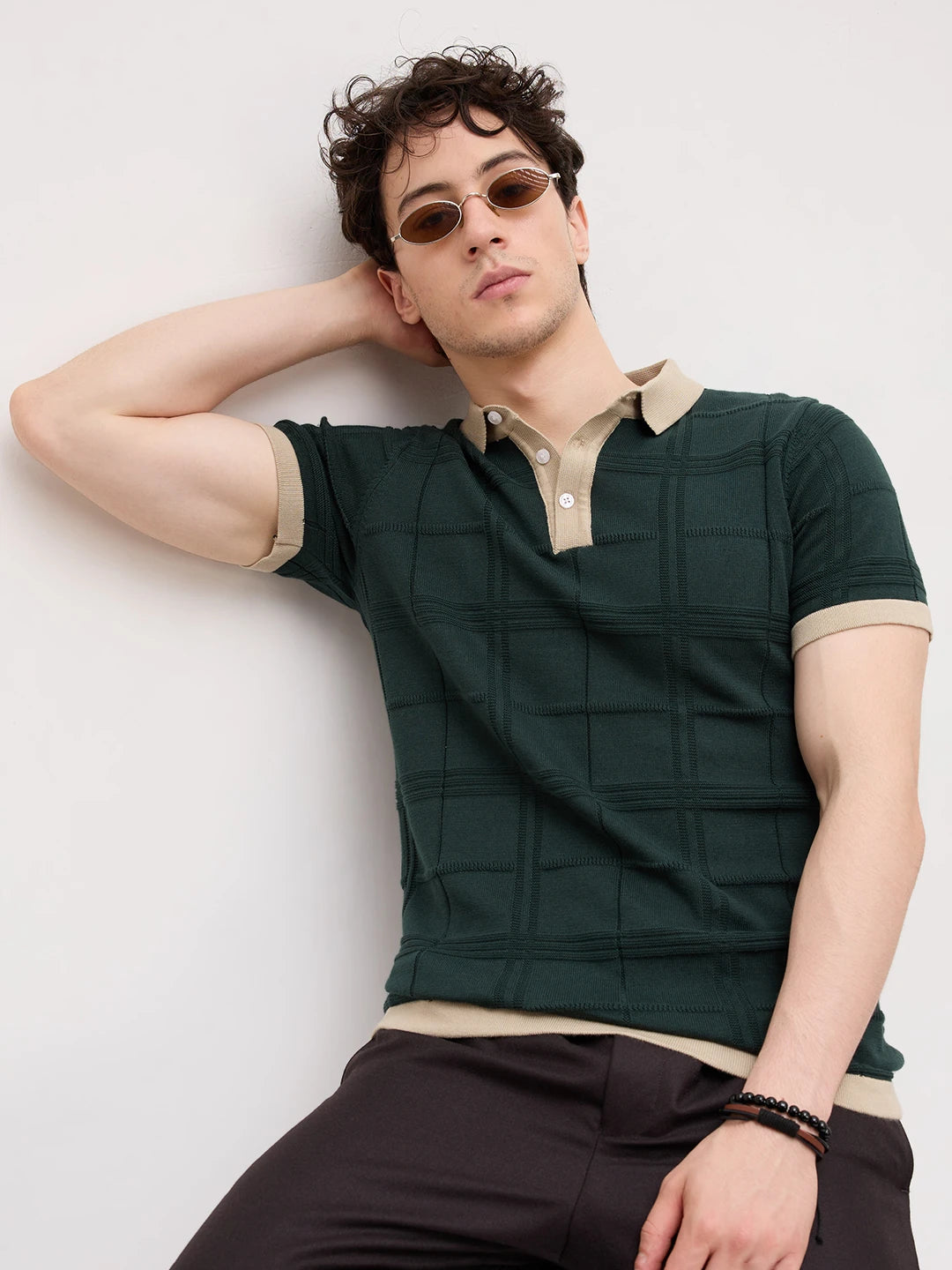 Emerald Green Windowpane Textured Contrast Polo Flat Knit T-Shirt