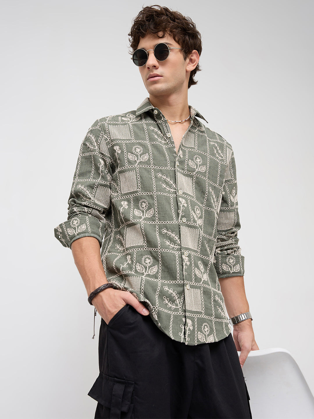 Olive Artisan Frame Embroidered Slub Shirt