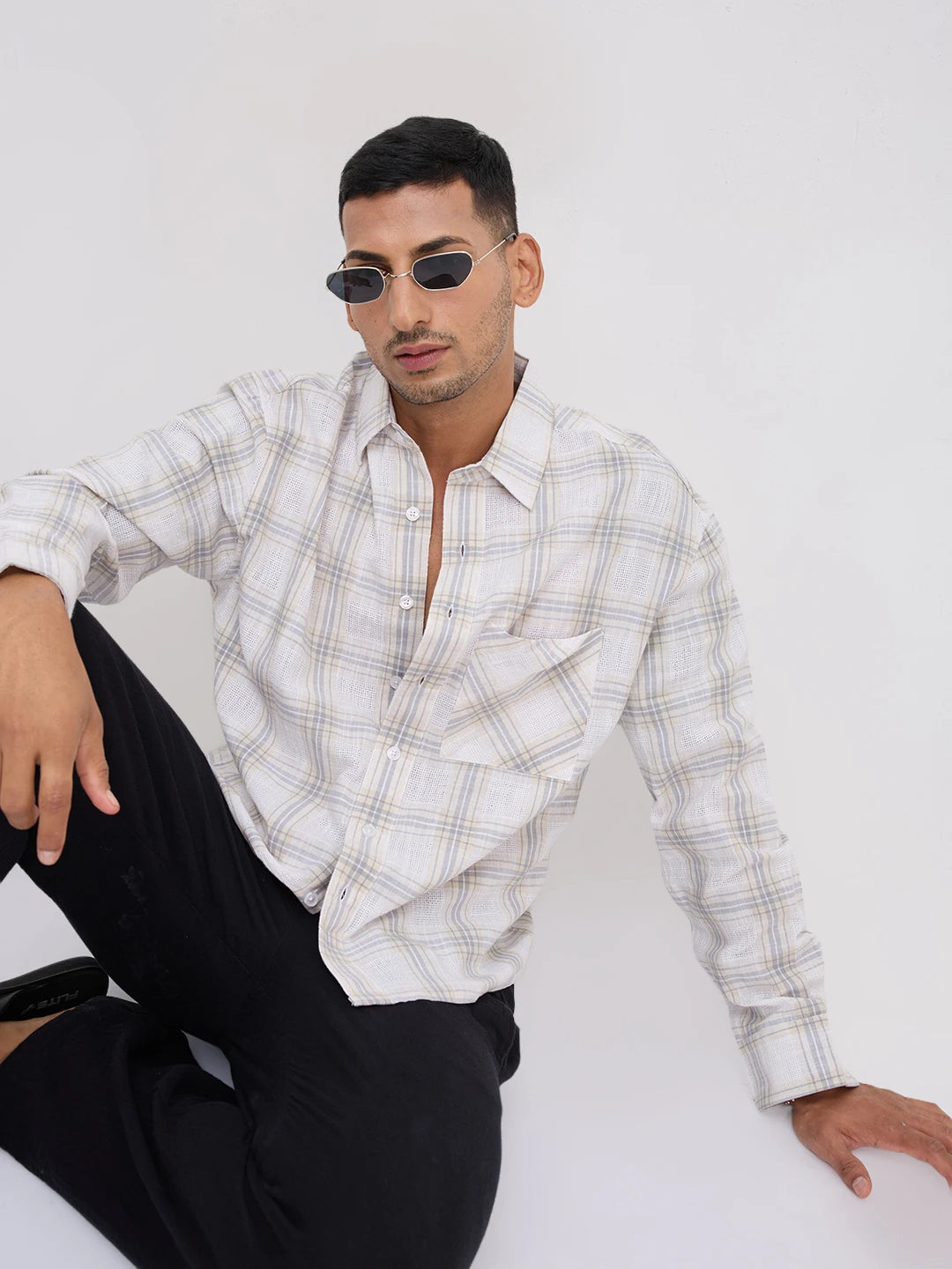 Grey & Ivory Structured Check Weave Boxy Fit Crop Shirt
