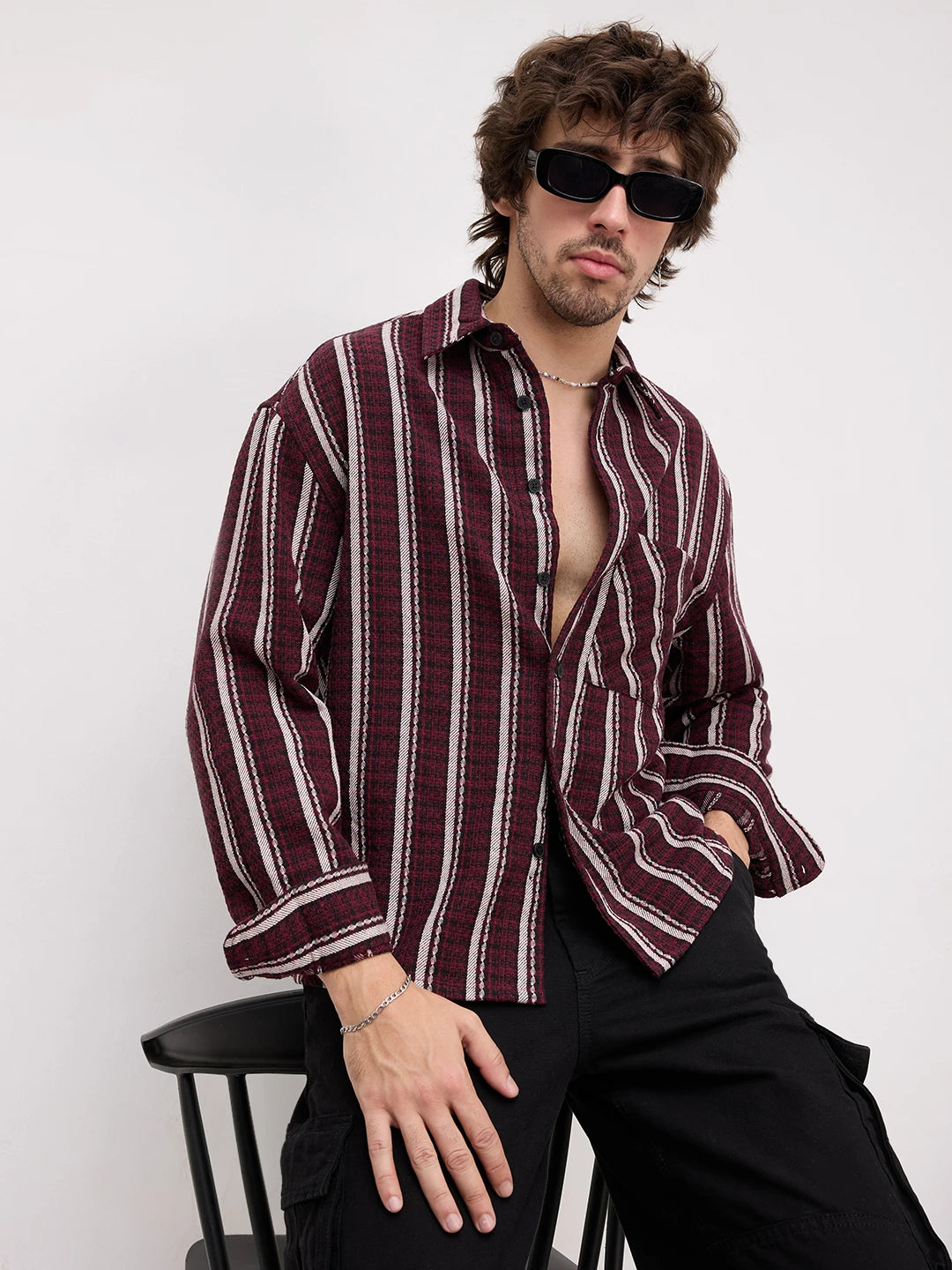 Maroon Contrast Striped Wintercrest Flannel Boxy Fit Crop Shirt