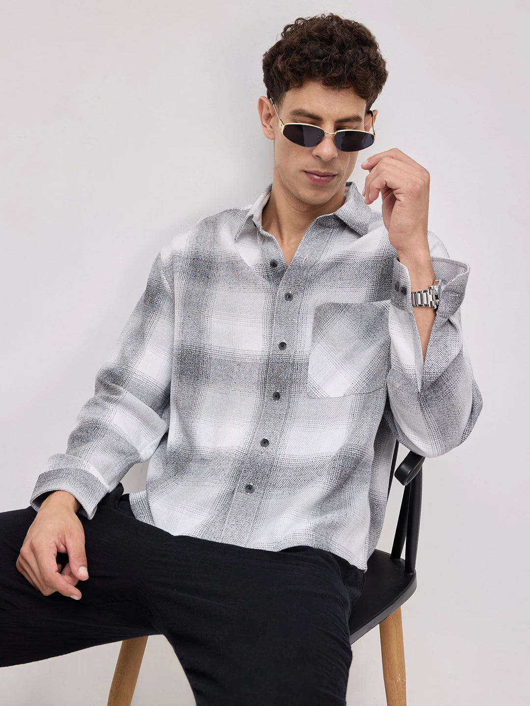 Grey & Black Crosshatch Plaid Checks Boxy Fit Crop Shirt