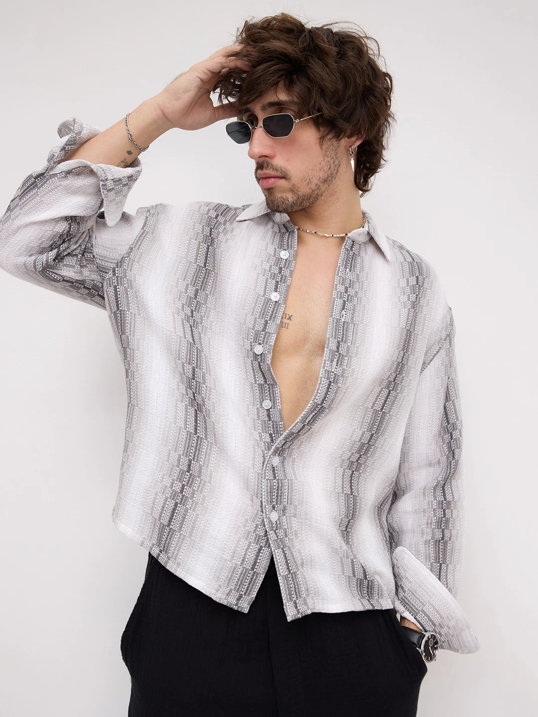 Monochrome Shadow Interlock Loom Striped Boxy Fit Crop Shirt