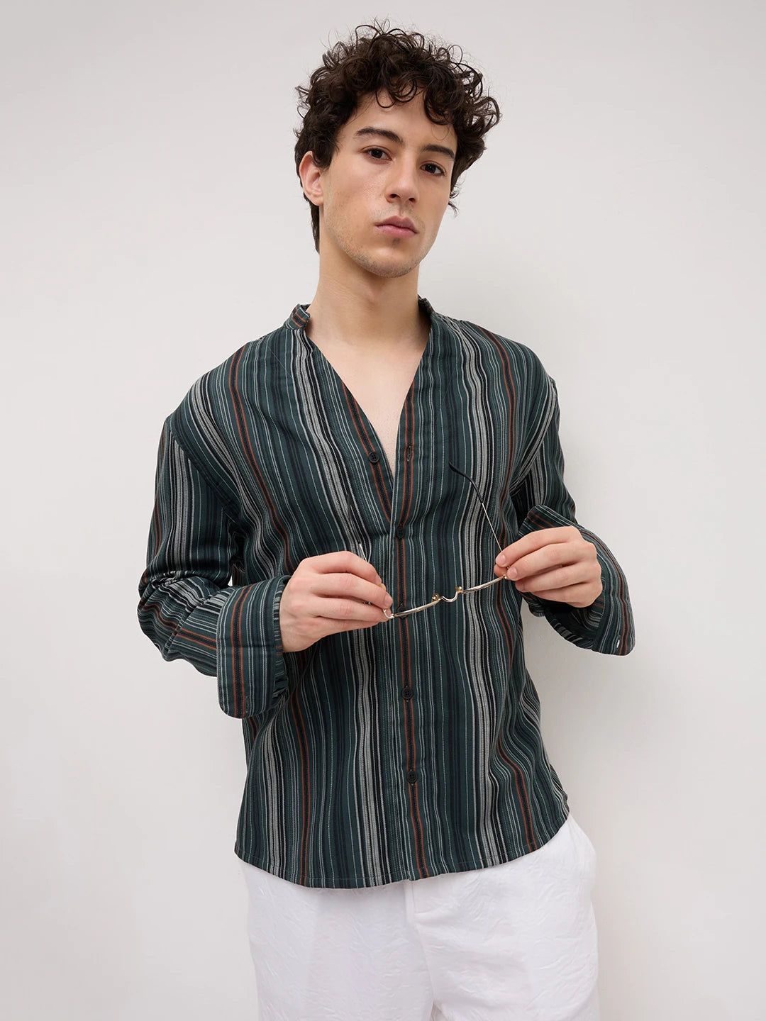 Evergreen Multi-Striped Stand Collar Oversized Shirt