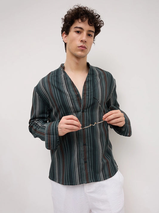 Evergreen Multi-Striped Stand Collar Oversized Shirt