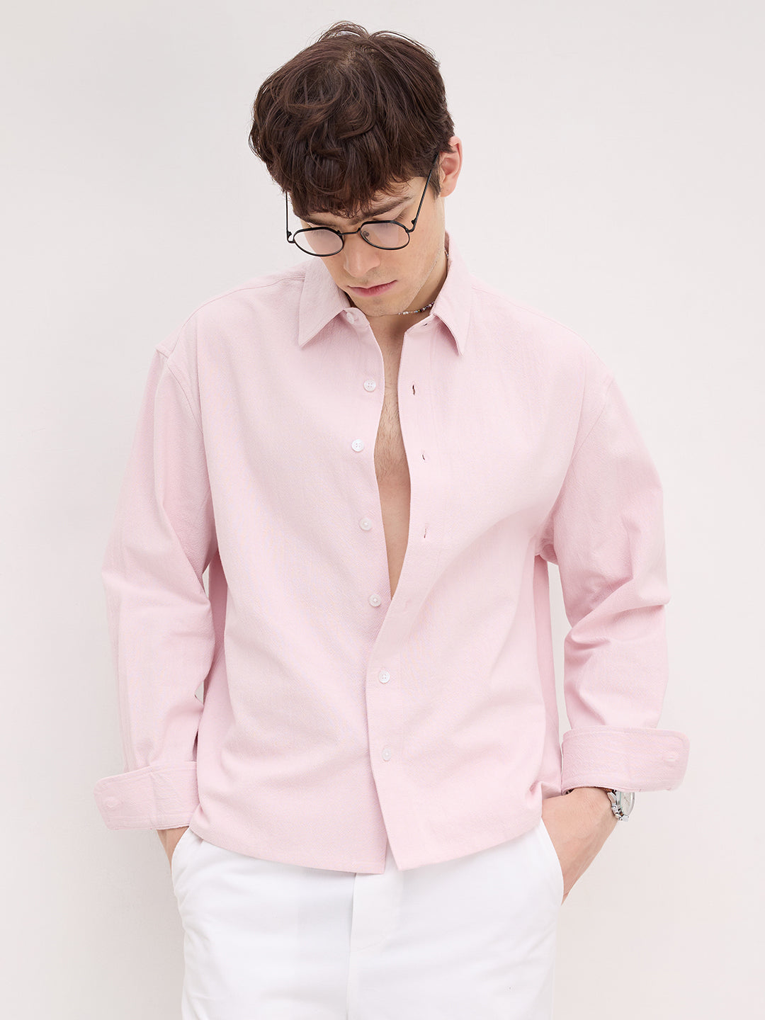 Refined Blush Pink Textured Boxy Fit Crop Shirt