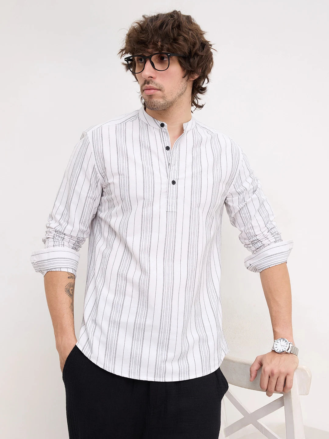 Monochrome Fine Threadwork Striped Kurta