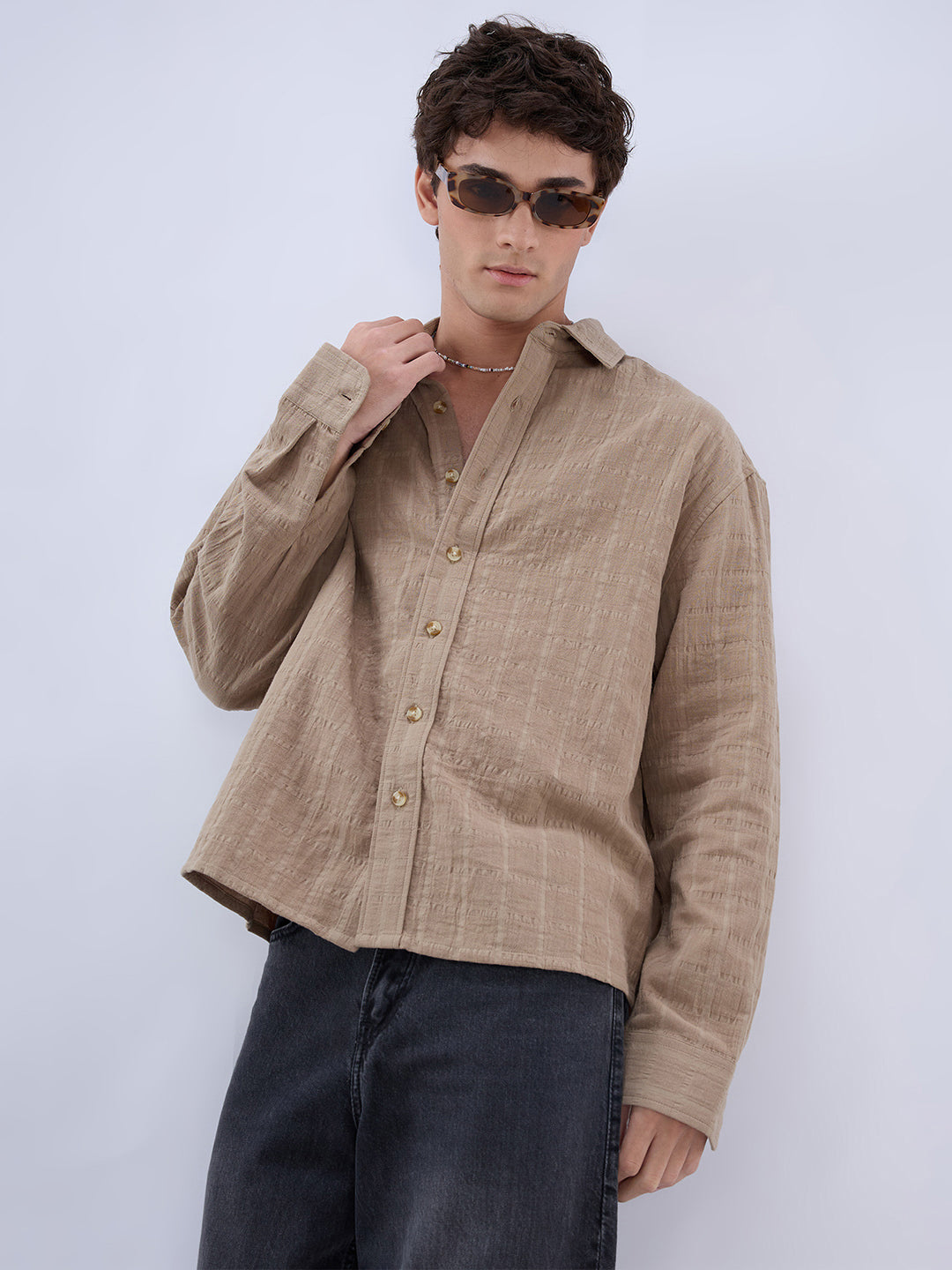 Khaki Grid Textured Story Boxy Fit Crop Shirt