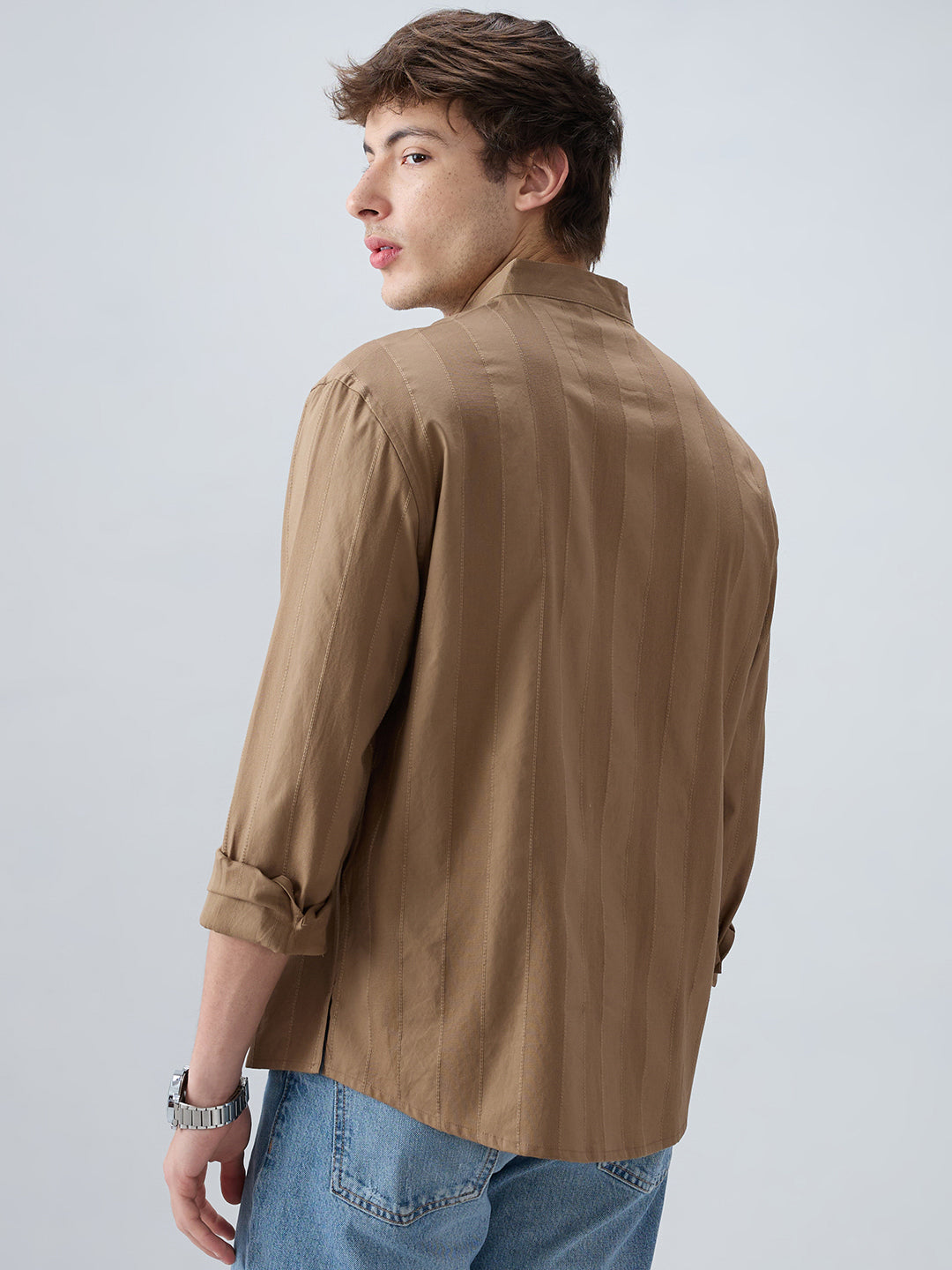 Bark Brown Panel Textured Stand Collar Oversized Shirt